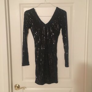 V Neck sequin black dress